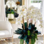 Delaney Gold Pot with Multiple Stems of Phalaenopsis Orchids and Succulents