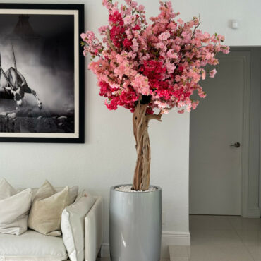 Glossy Silver Lisbon Planter with Custom Made Tri Color Pink Cherry Blossom Tree