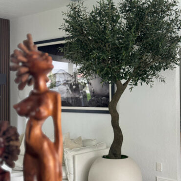 7′ Olive Tree in Matte Beige 30″ Globe Planter