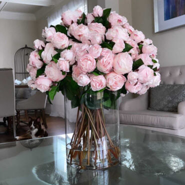 Blush English Roses in 16″ Glass Rota Vase