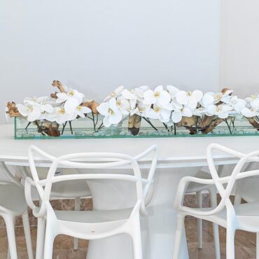 48″ Casa Moderna Glass Plate Planter with white orchids