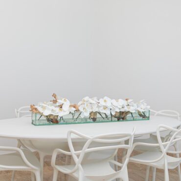48″ Casa Moderna Glass Plate Planter with white orchids
