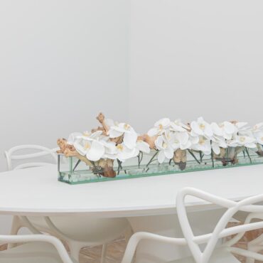48″ Casa Moderna Glass Plate Planter with white orchids