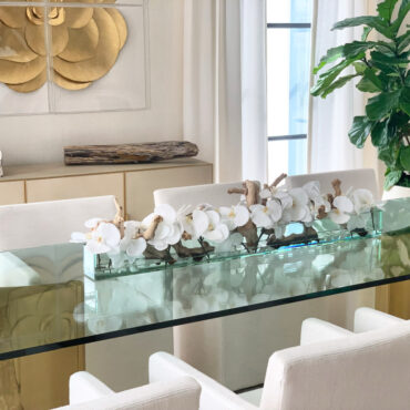 48″ Casa Moderna Glass Plate Planter with white orchids