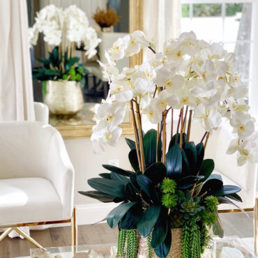 Delaney Gold Pot with Multiple Stems of Phalaenopsis Orchids and Succulents