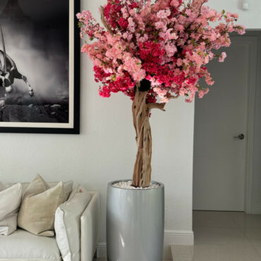 Glossy Silver Lisbon Planter with Custom Made Tri Color Pink Cherry Blossom Tree
