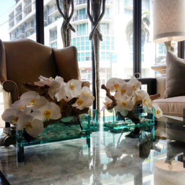 12″ Casa Moderna Glass Plate Planter with white orchids