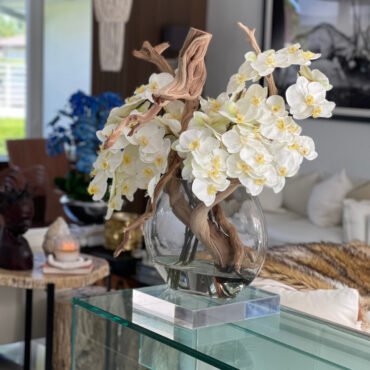 16″ Moon vase with white orchids