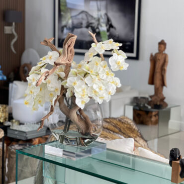16″ Moon vase with white orchids