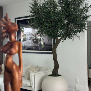 7′ Olive Tree in Matte Beige 30″ Globe Planter