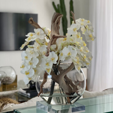 16″ Moon vase with white orchids