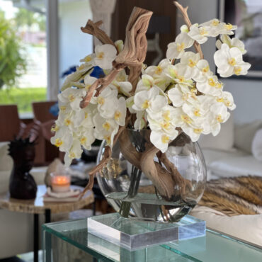 16″ Moon vase with white orchids