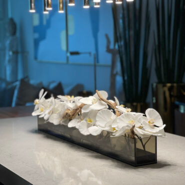 36″ Casa Moderna Black Tinted Glass Plate Planter with white Phalaenopsis orchids
