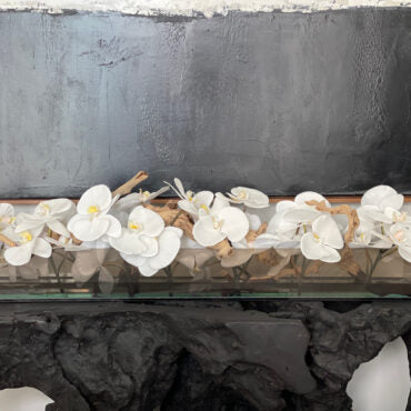 36″ Casa Moderna Black Tinted Glass Plate Planter with white Phalaenopsis orchids