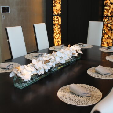 48″ Casa Moderna Glass Plate Planter with white orchids