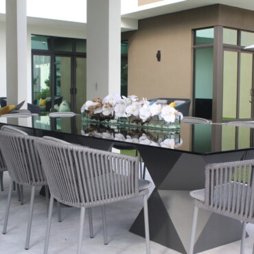 48″ Casa Moderna Glass Plate Planter with white orchids