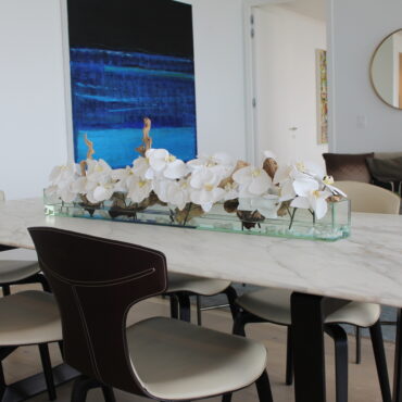 48″ Casa Moderna Glass Plate Planter with white orchids