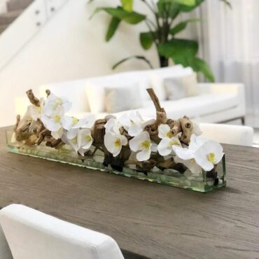 48″ Casa Moderna Glass Plate Planter with white orchids