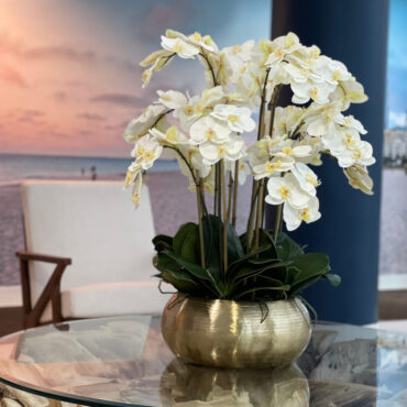 White Phalaenopsis Orchids In Gold Metal Bowie Bowl