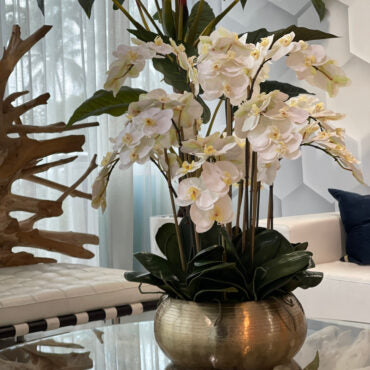 White Phalaenopsis Orchids In Gold Metal Bowie Bowl