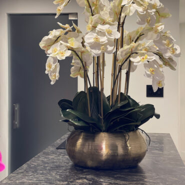 White Phalaenopsis Orchids In Gold Metal Bowie Bowl