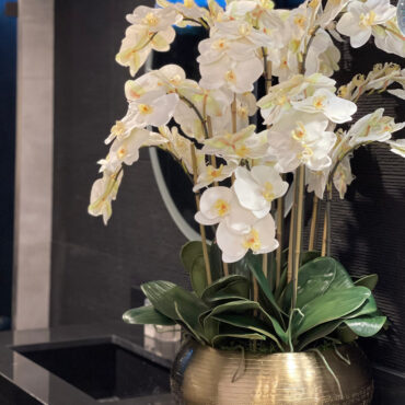 White Phalaenopsis Orchids In Gold Metal Bowie Bowl