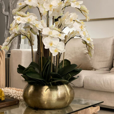 White Phalaenopsis Orchids In Gold Metal Bowie Bowl