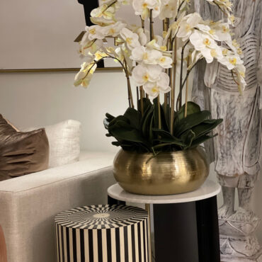 White Phalaenopsis Orchids In Gold Metal Bowie Bowl