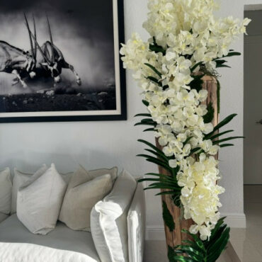Large Live Edge Teak Vase with White Vanda Orchids