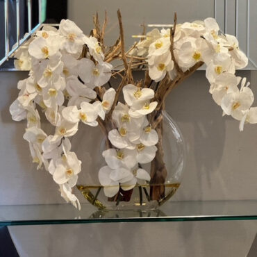 16″ Moon vase with white orchids